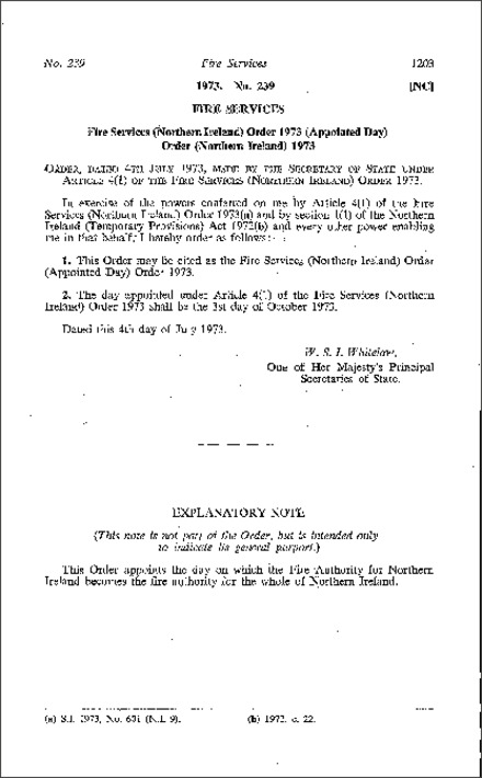 The Fire Services Order (Appointed Day) Order (Northern Ireland) 1973