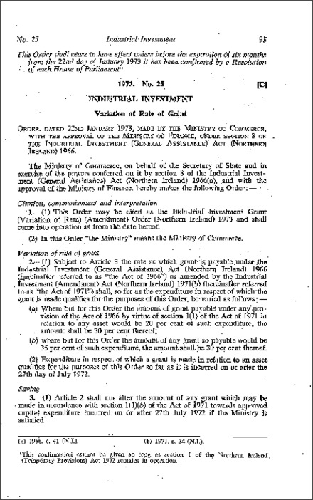 The Industrial Investment Grant (Variation of Rate) (Amendment) Order (Northern Ireland) 1973