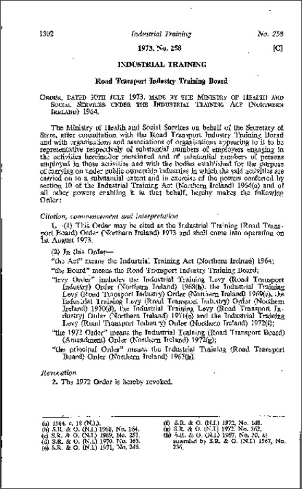 The Industrial Training (Road Transport Board) Order (Northern Ireland) 1973