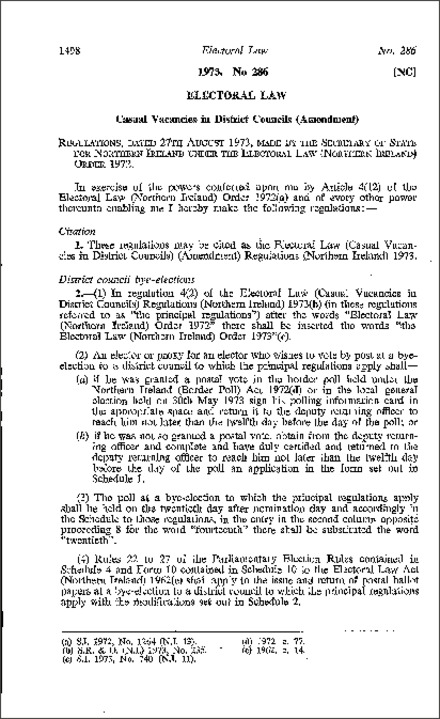 The Electoral Law (Casual Vacancies in District Councils) (Amendment) Regulations (Northern Ireland) 1973