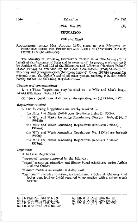 The Milk and Meals Regulations (Northern Ireland) 1973
