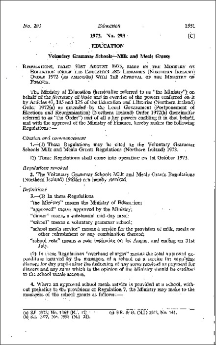 The Voluntary Grammar Schools Milk and Meals Grants Regulations (Northern Ireland) 1973