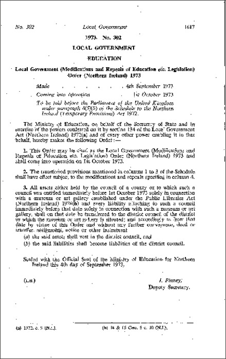 The Local Government (Modifications and Repeals of Education etc. Legislation) Order (Northern Ireland) 1973