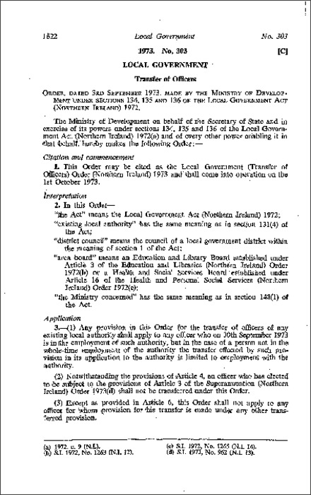The Local Government (Transfer of Officers) Order (Northern Ireland) 1973
