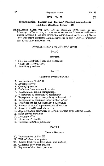 The Superannuation (Teachers and Teachers' Families) (Amendment) Regulations (Northern Ireland) 1973