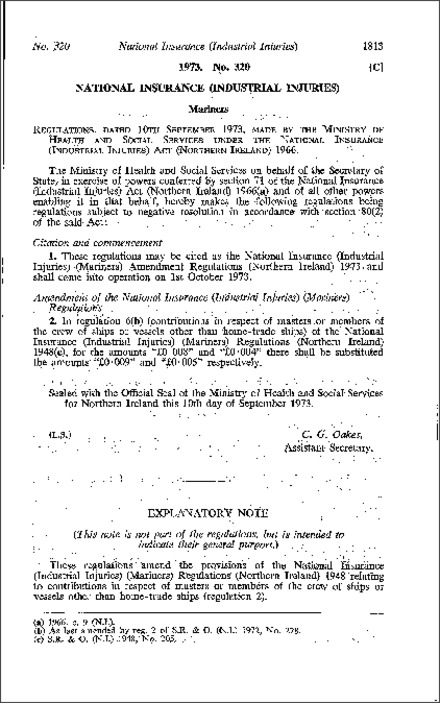 The National Insurance (Industrial Injuries) (Mariners) Amendment Regulations (Northern Ireland) 1973