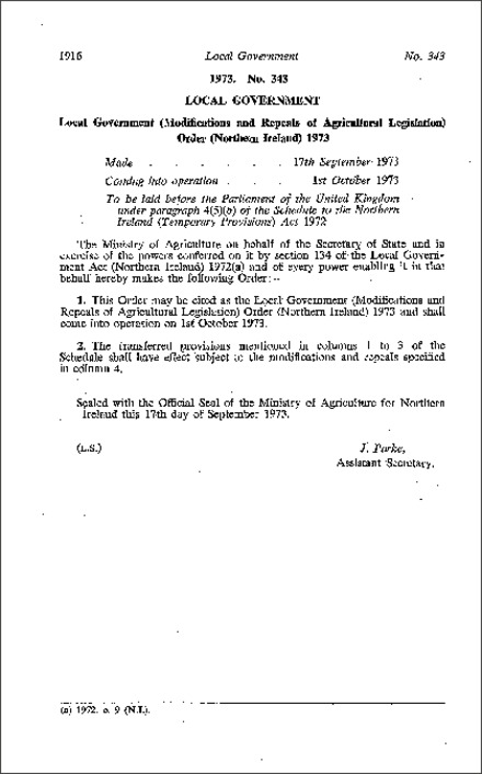 The Local Government (Modifications and Repeals of Agricultural Legislation) Order (Northern Ireland) 1973
