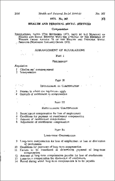 The Health and Personal Social Services (Compensation) Regulations (Northern Ireland) 1973