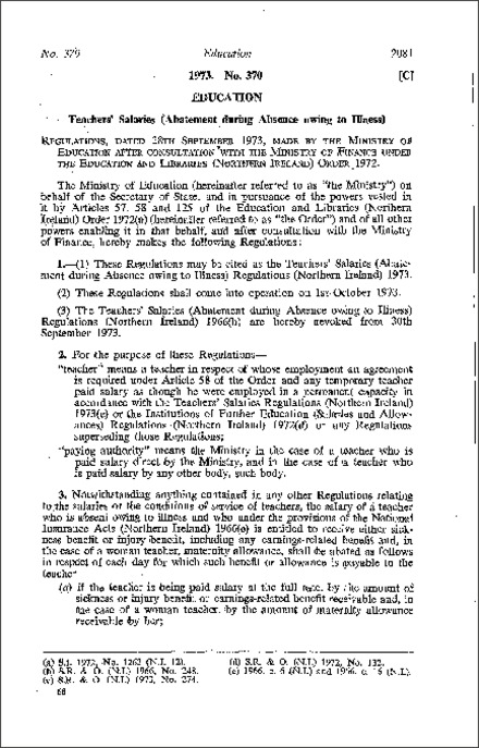 The Teachers' Salaries (Abatement during Absence owing to Illness) Regulations (Northern Ireland) 1973