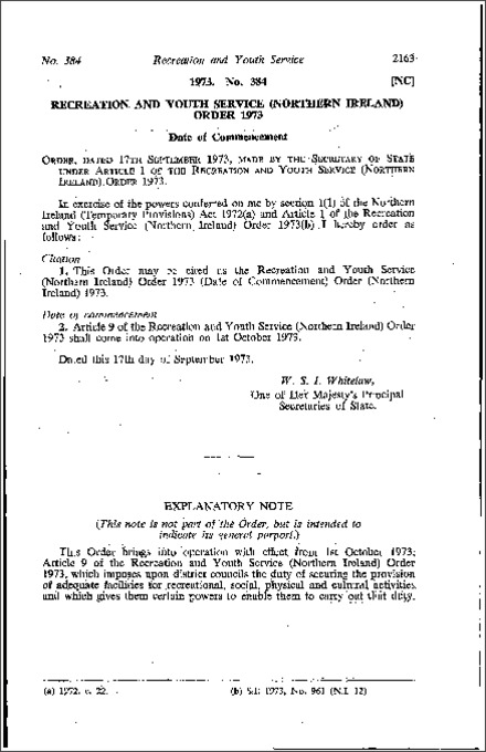 The Recreation and Youth Service Order (Date of Commencement) Order (Northern Ireland) 1973