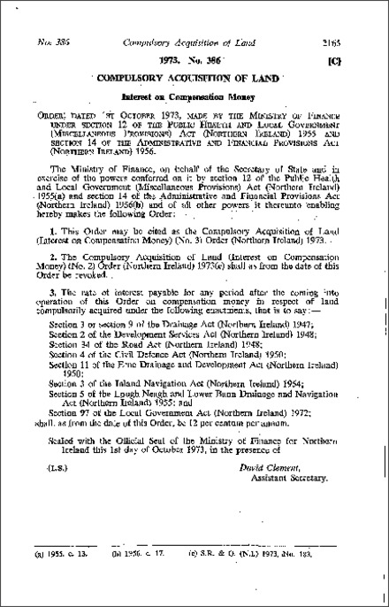 The Compulsory Acquisition of Land (Interest on Compensation Money) (No. 3) Order (Northern Ireland) 1973