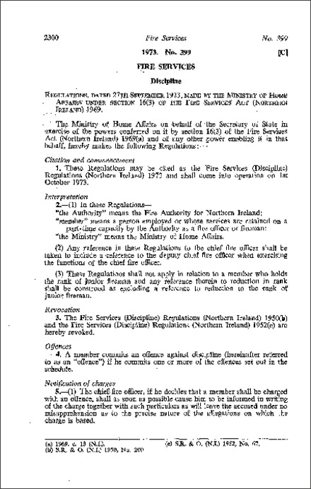 The Fire Services (Discipline) Regulations (Northern Ireland) 1973