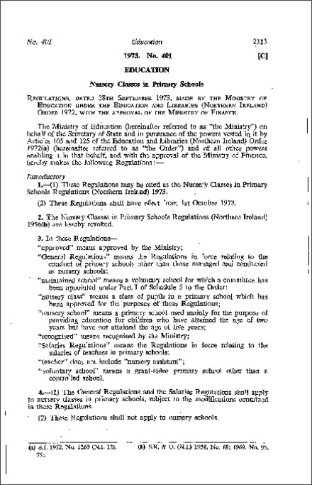 The Nursery Classes in Primary Schools Regulations (Northern Ireland) 1973