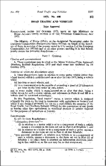 The Motor Vehicles (Type Approval) Regulations (Northern Ireland) 1973