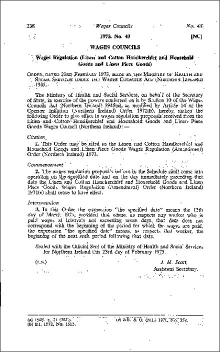 The Linen and Cotton Handkerchief and Household Goods and Linen Piece Goods Wages Regulations (Amendment) Order (Northern Ireland) 1973