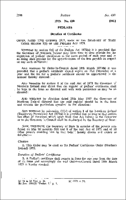 The Pedlars' Certificates Order (Northern Ireland) 1973