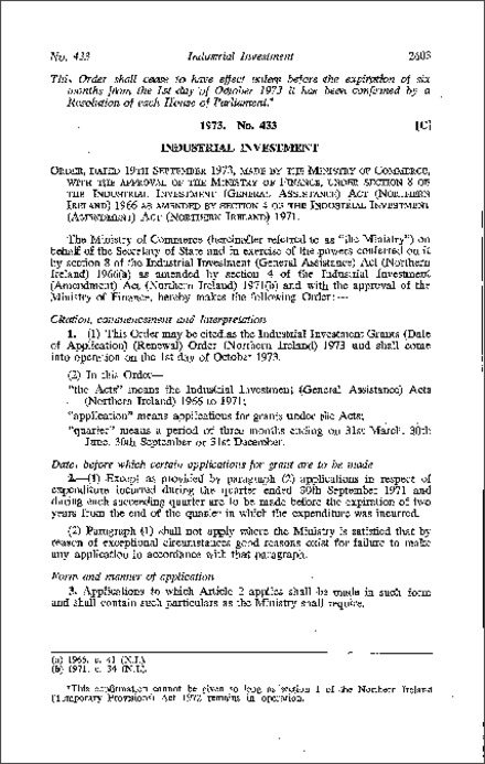 The Industrial Investment Grants (Date of Application) (Renewal) Order (Northern Ireland) 1973
