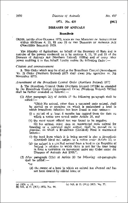 The Brucellosis Control (Amendment No. 2) Order (Northern Ireland) 1973