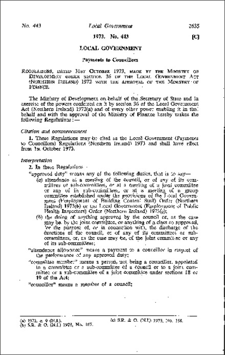 The Local Government (Payments to Councillors) Regulations (Northern Ireland) 1973