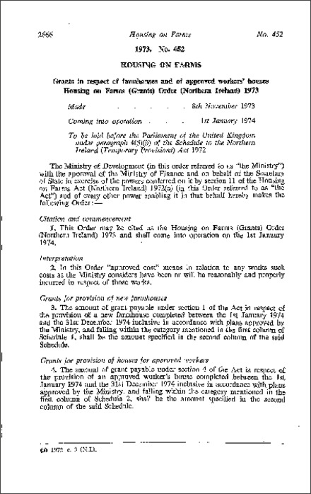 The Housing on Farms (Grants) Order (Northern Ireland) 1973