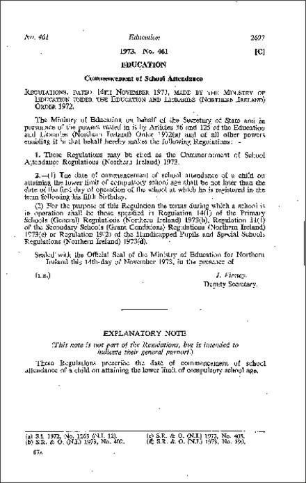 The Commencement of School Attendance Regulations (Northern Ireland) 1973