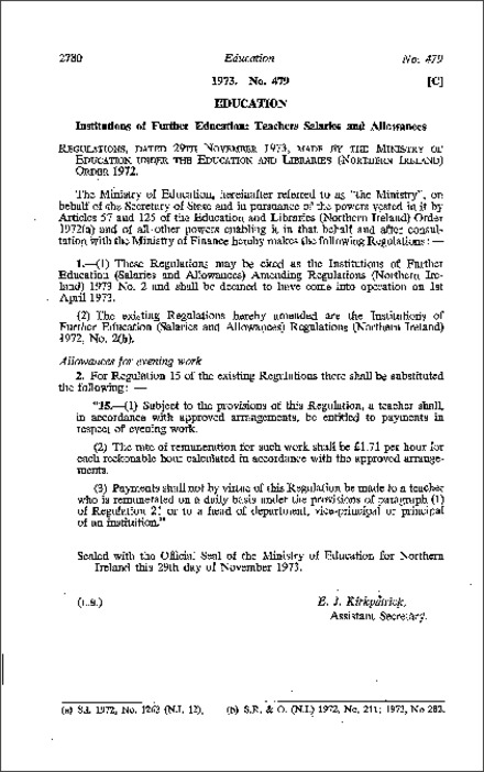 The Institutions of Further Education (Salaries and Allowances) Amendment Regulations (Northern Ireland) 1973