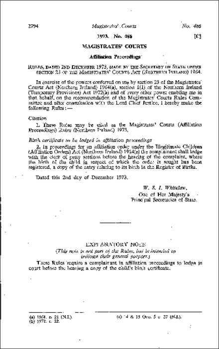 The Magistrates' Courts (Affiliation Proceedings) Rules (Northern Ireland) 1973