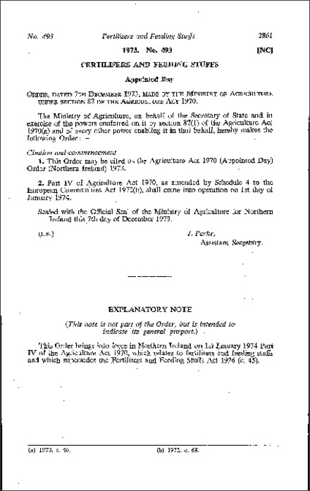 The Agriculture Act 1970 (Appointed Day) Order (Northern Ireland) 1973