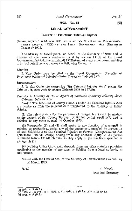 The Local Government (Transfer of Functions) (Criminal Injuries) Order (Northern Ireland) 1973