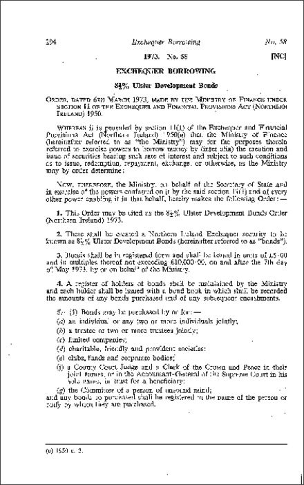 The 81/2 % Ulster Development Bonds Order (Northern Ireland) 1973