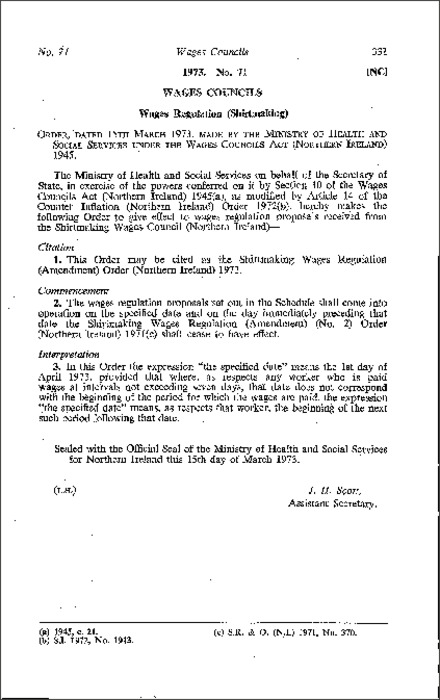 The Shirtmaking Wages Regulations (Amendment) Order (Northern Ireland) 1973