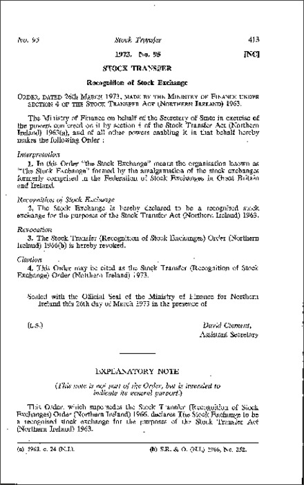 The Stock Transfer (Recognition of Stock Exchange) Order (Northern Ireland) 1973