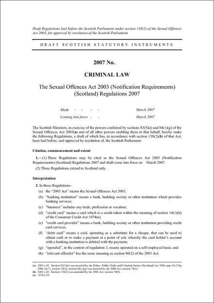 The Sexual Offences Act 2003 (Notification Requirements) (Scotland)  Regulations 2007