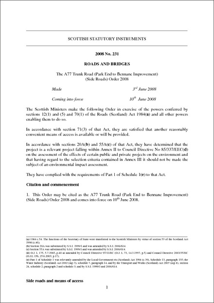 The A77 Trunk Road (Park End to Bennane Improvement) (Side Roads) Order 2008