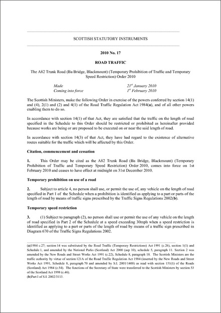 The A82 Trunk Road (Ba Bridge, Blackmount) (Temporary Prohibition of Traffic and Temporary Speed Restriction) Order 2010