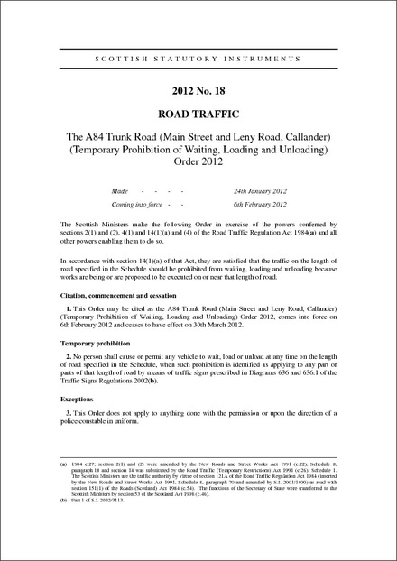 The A84 Trunk Road (Main Street and Leny Road, Callander) (Temporary Prohibition of Waiting, Loading and Unloading) Order 2012