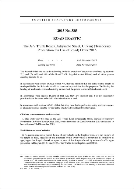 The A77 Trunk Road (Dalrymple Street, Girvan) (Temporary Prohibition On Use of Road) Order 2015