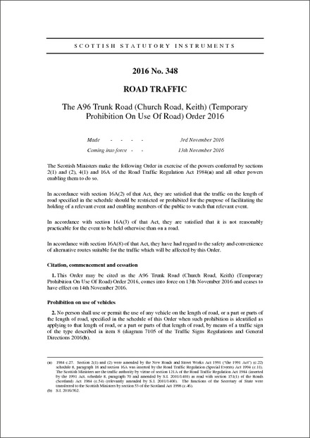 The A96 Trunk Road (Church Road, Keith) (Temporary Prohibition On Use Of Road) Order 2016