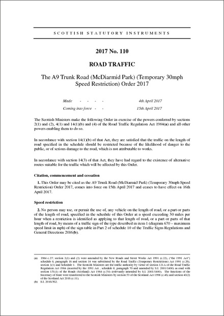 The A9 Trunk Road (McDiarmid Park) (Temporary 30mph Speed Restriction) Order 2017