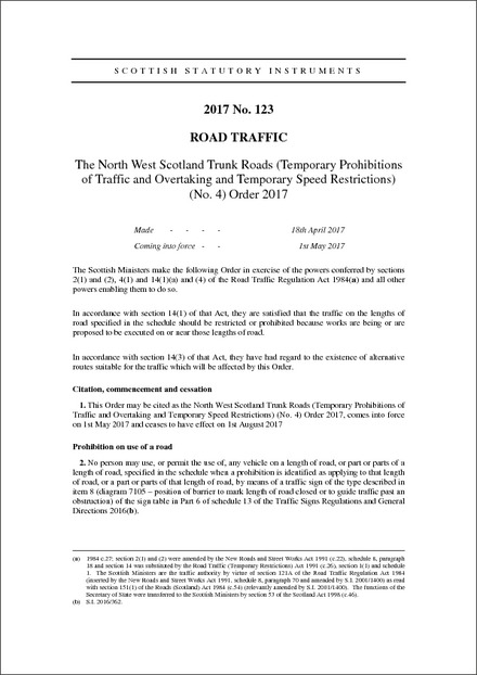 The North West Scotland Trunk Roads (Temporary Prohibitions of Traffic and Overtaking and Temporary Speed Restrictions) (No. 4) Order 2017