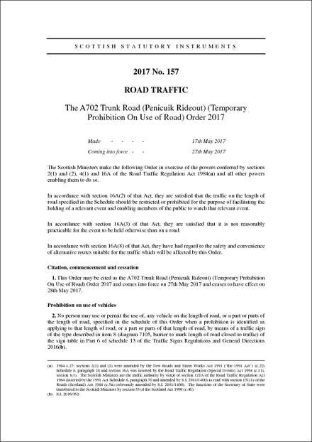 The A702 Trunk Road (Penicuik Rideout) (Temporary Prohibition On Use of Road) Order 2017