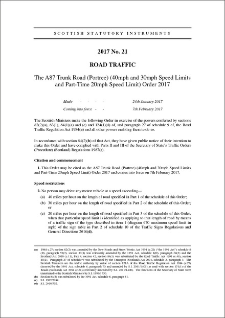 The A87 Trunk Road (Portree) (40mph and 30mph Speed Limits and Part-Time 20mph Speed Limit) Order 2017