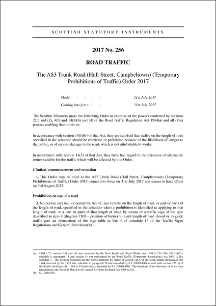 The A83 Trunk Road (Hall Street, Campbeltown) (Temporary Prohibitions of Traffic) Order 2017