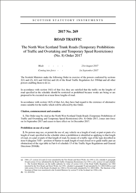 The North West Scotland Trunk Roads (Temporary Prohibitions of Traffic and Overtaking and Temporary Speed Restrictions) (No. 8) Order 2017