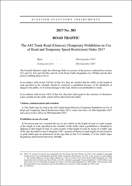 The A82 Trunk Road (Glencoe) (Temporary Prohibition on Use of Road and Temporary Speed Restriction) Order 2017