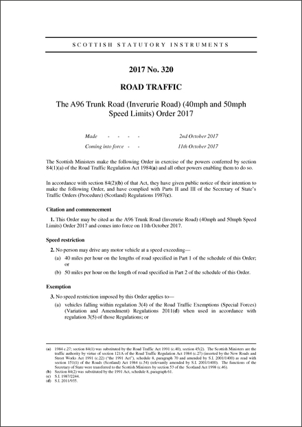 The A96 Trunk Road (Inverurie Road) (40mph and 50mph Speed Limits) Order 2017