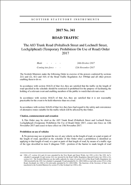 The A83 Trunk Road (Poltalloch Street and Lochnell Street, Lochgilphead) (Temporary Prohibition On Use of Road) Order 2017