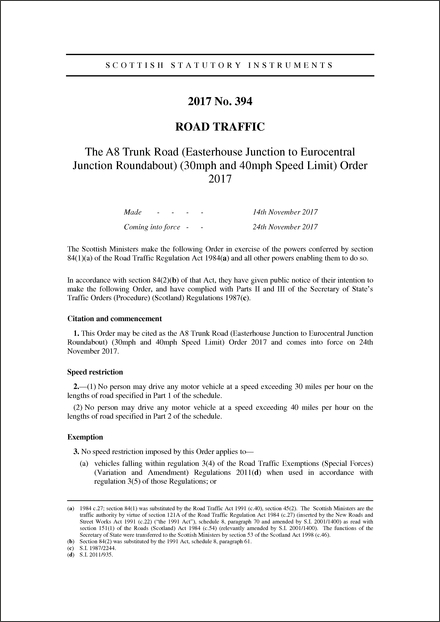 The A8 Trunk Road (Easterhouse Junction to Eurocentral Junction Roundabout) (30mph and 40mph Speed Limit) Order 2017