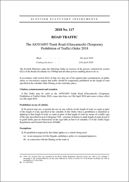 The A835/A893 Trunk Road (Glascarnoch) (Temporary Prohibition of Traffic) Order 2018