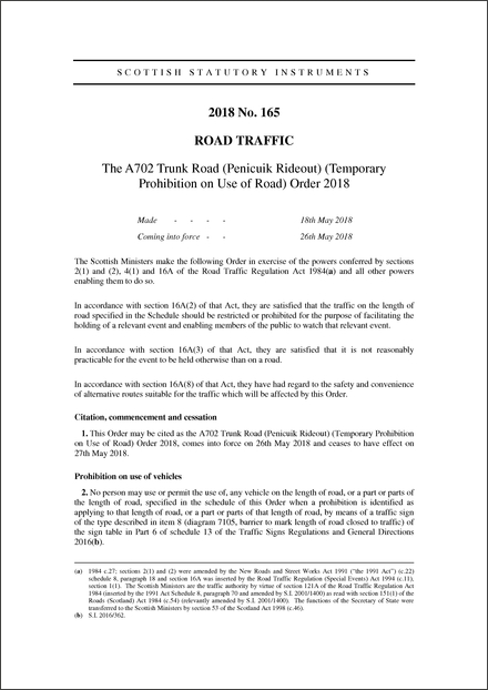 The A702 Trunk Road (Penicuik Rideout) (Temporary Prohibition on Use of Road) Order 2018